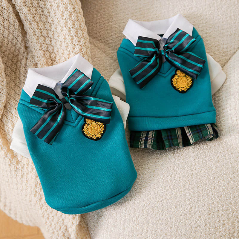Autumn And Winter New Puppy Dog College Style Uniform Bow Tie Cat Fake Two Pieces Couple Clothes Small And Medium-Sized Dog Pet Clothes