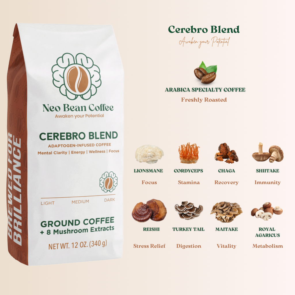 Neobean Cerebro Blend - Mushroom Coffee - Specialty Coffee with 8 Adaptogens