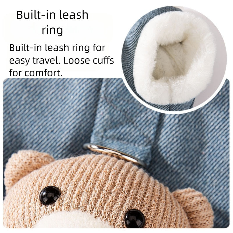 Autumn And Winter Korean-style Dog Pocket Three-dimensional Bear, Denim Towing Vest, Cat Cotton Coat, Warm Pet Dog Clothes
