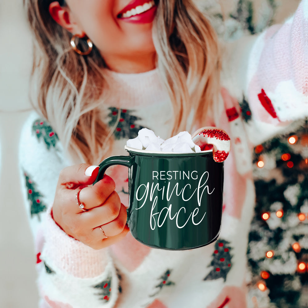 Grinch Face Mug 14.5oz Ceramic Campfire Mug Red Green Funny Holiday Coffee Cup