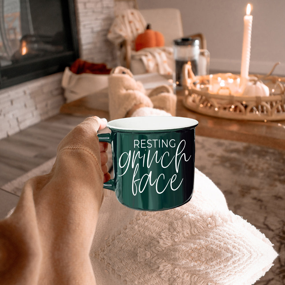 Grinch Face Mug 14.5oz Ceramic Campfire Mug Red Green Funny Holiday Coffee Cup