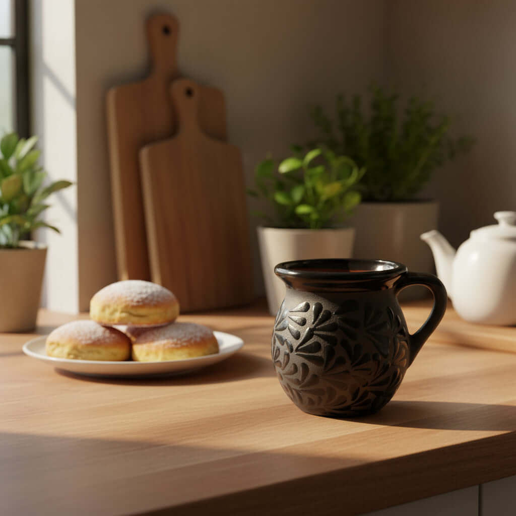 Black Talavera Jarrito Mug | Handmade Mexican Clay Coffee Cup