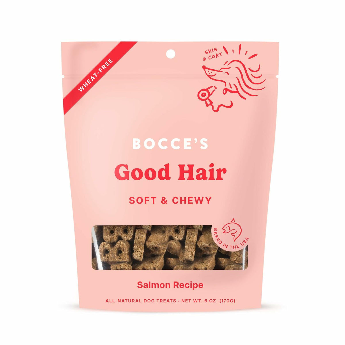 BestBy01/25 Bocce's Bakery Good Hair Dog Treats Salmon 6oz Soft Chewy Wheat-Free